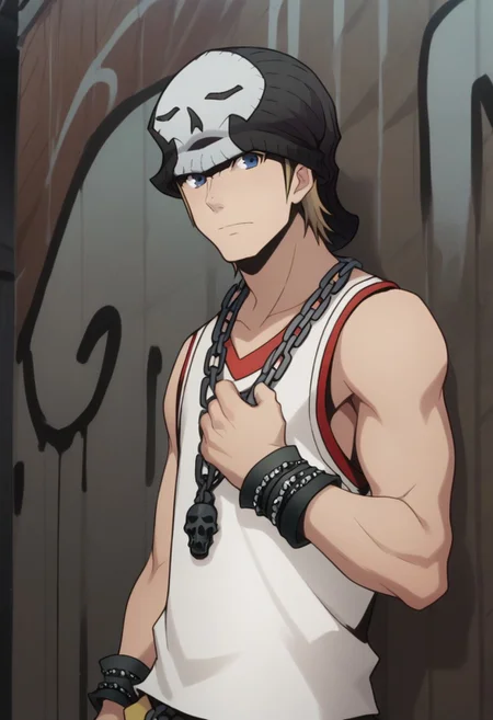 score_9, score_8_up, score_7_up, source_anime, highly detailed,
daisuke, 1boy, male focus, solo, blonde hair, blue eyes, tank top, beanie, chain, hat, jewelry, bracelet, standing, chain necklace, upper body, looking at viewer,
outdoor, wall, graffiti,