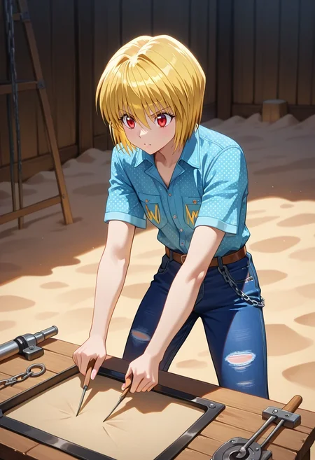 masterpiece, best quality, intricate details, , , , 1boy, solo, male focus, <lora:kurapika_hxh_ilxl:0.98>, kurapika_hxh, blonde hair, red eyes, short hair, bangs, hair between eyes, chain, desert workshop, sand forges, wind tools, crafting areas, working pose, focused expression, afternoon, Polka dot Chambray Capri pants, Azure Digital print Lurex Western denim shirt, , ,