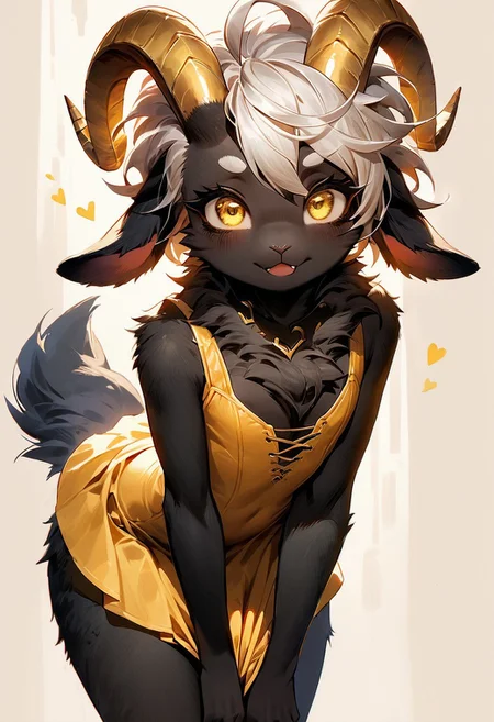 <lora:NegaroboLycoXL:1>, score_9, score_8_up, score_7_up, source_anime, solo, cute goat demon, ((femboy)), ((black fur:2)), (two toned fur:0.8), chest tuft:0.2, fur lining cleavage, close up, goat eyes, detailed makeup, gold eye liner, perfect face, (yellow eyes), leaning over, leaning forward, tail under clothes, dress lift, flat chest, fur sheen, cute fang, selecting item, skirt, high heels, standing, thinking, cute jacket, short hair, long braid, white hair, punk hair style, fur around collar, (small horns), golden horns, thin waist, wide hips, thick thighs, cute bulge,