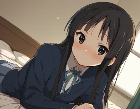 score_9, score_8_up, score_7_up, source_anime,
mioakiyama, <lora:mio-akiyama-s2-ponyxl-lora-nochekaiser:1>,
mio akiyama, long hair, bangs, black hair, black eyes, hime cut,
sakuragaoka high school uniform, school uniform, uniform, blazer, shirt, white shirt, collared shirt, skirt, pleated skirt,
indoors, bed, bed room, on side, blush, drunk,
looking at viewer, cowboy shot, dutch angle, solo,