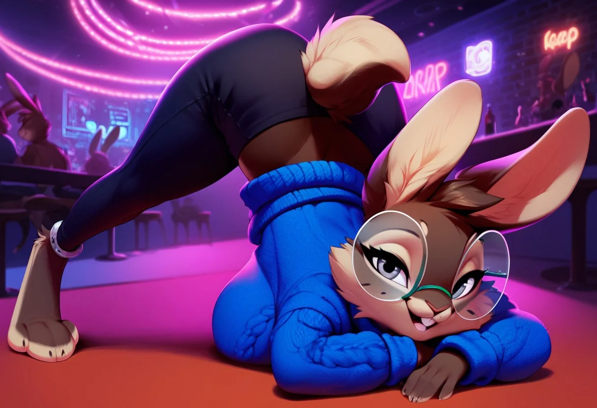 score_9, score_8_up, score_7_up, solo 1girl, solo, Expressiveh, (Kazie, 1girl, bunny girl, bunny ears, buckteeth, round glasses, tan body, tan fur, brown body, brown fur, two tone body, two tone fur, anthro, furry, blue sweater, black pants, clothed, grey eyes), (jack-o' challenge), smile, looking at viewer, evil smile, female focus, strip club, neon lights, party, indoors, detailed background, 4k, masterpiece, best quality, highly detailed, realistic