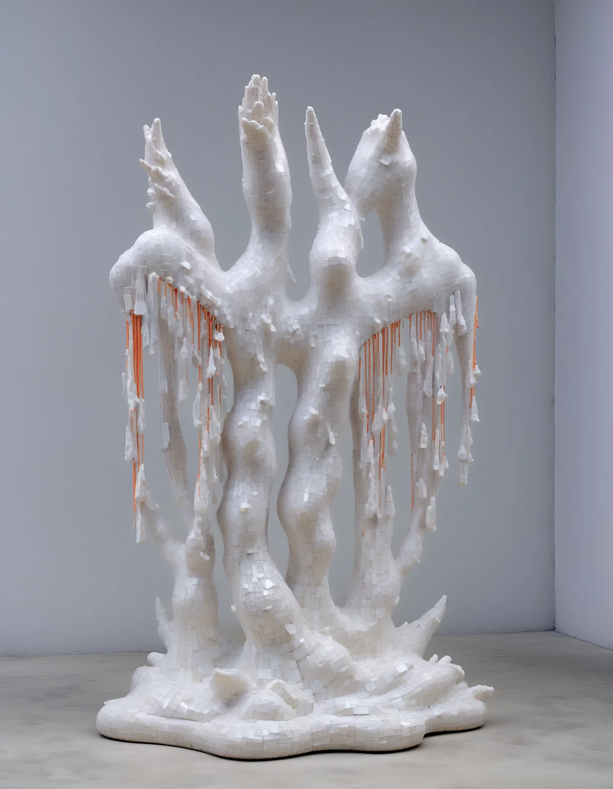 sculpture made of Delicate porcelain shards,geometric patterns ethereal fabric wisps, suspended in midair, ghostly whispers, fragmented memories, surreal elegance, ephemeral existence, haunting beauty, colorful , Architectural Digest Fashion Feature,(Keresztes:1.3), hyperrealistic, photorealistic,