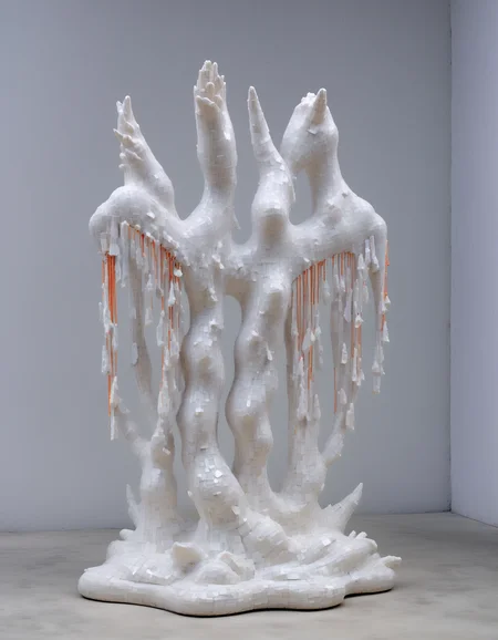 sculpture made of Delicate porcelain shards,geometric patterns ethereal fabric wisps, suspended in midair, ghostly whispers, fragmented memories, surreal elegance, ephemeral existence, haunting beauty, colorful , Architectural Digest Fashion Feature,(Keresztes:1.3), hyperrealistic, photorealistic,