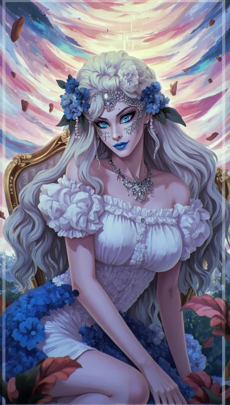 <lora:ck-LttleGhost-000011.safetensors:1> in the style of ck-lttlegh0stA white-masked woman sits regally, her blue eyes and pale skin creating an unsettling presence. A flower crown and ornate mask adorn her head, while electric blue lipstick adds to the eerie ambiance. The background is a swirling vortex of pastel colors, creating a disquieting sense of unease. The level of detail in this digital art piece is astonishing, with every element meticulously crafted for completeness.