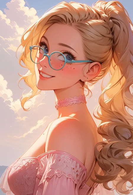 score_9, score_8, score_7, score_6, rating_explicit, source_anime, cowboy shot, Expressiveh, high definition, detailed, retroscifi, 1women, very cute, cute:1.2,
Blonde, long hair, clear eyes, blue eyes, freckles:0.5, mole, beauty mark,
ponytail, glasses, choker,
Pink lingerie,
hotel room,
looking at viewer, smiling, teeth, bracelet, photo, sky, at night, finger_number, abstract background