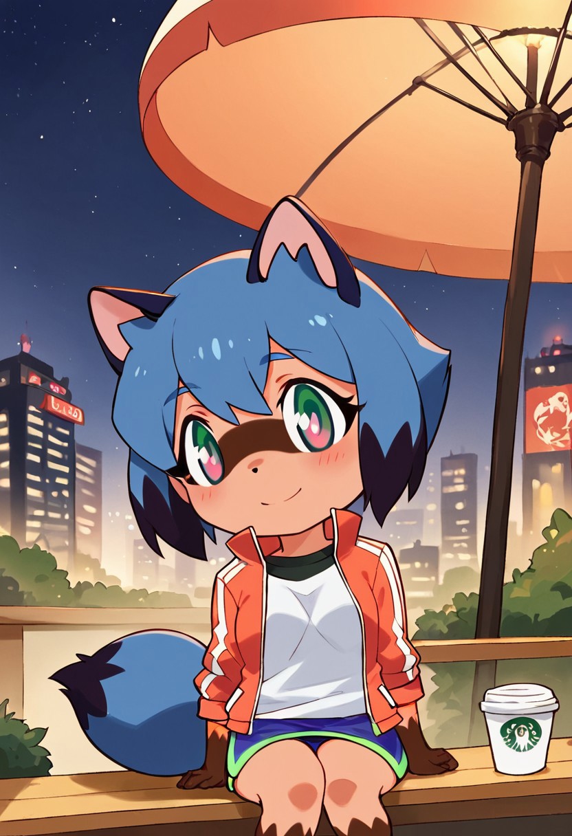 1girl, ((solo)), best quality, ultra-detailed, extremely detailed, perfect anatomy, masterpiece, score_9, score_8_up, score_7_up, Expressiveh, Michiru Kagemori, Brand New Animal, fully clothed, (chibi), cute, city background, (night time), sitting down, outdoors, at an outdoor coffee shop, smiling, blushing, staring at viewer,