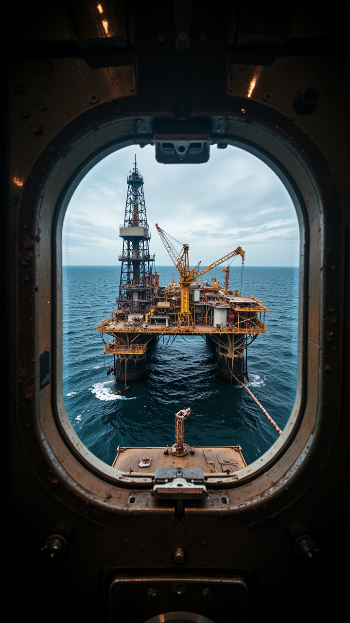 view from a Sophisticated camera angle, photograph, indoors, (Oil rig:1.2) , film grain, Fuji superi400, macro lens, Technicolor, photography, detailmaximizer, secretlab