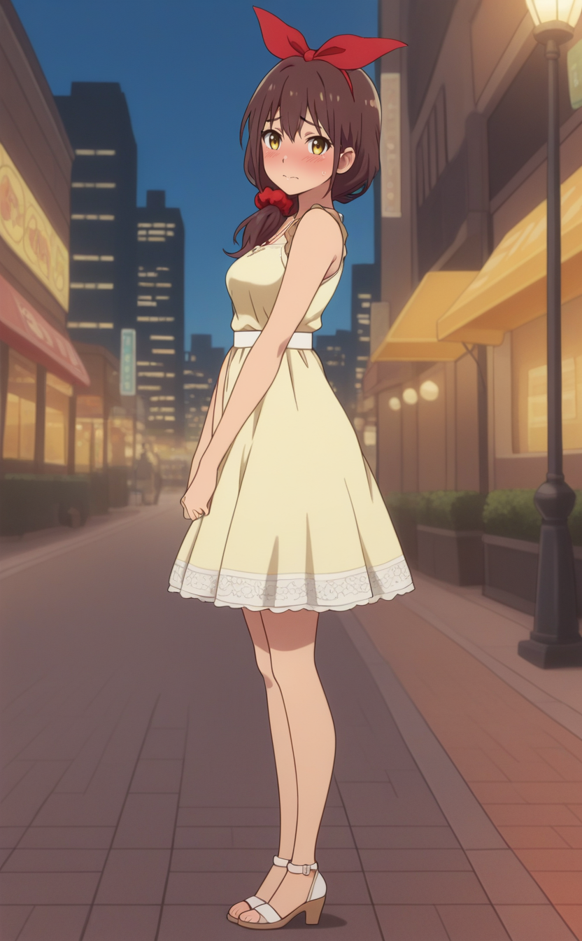 1girl,akibameidpokermob,anime coloring,[yellow eyes:green eyes:0.9],[black hair:brown hair:1],hair ribbon,red ribbon, hair scrunchie,casual,skirt,cute dress,outdoors,city,embarrassed ,,from side ,full body  ,, ,,,best quality,masterpiece,sensitive,<lora:AkibaMaidPokerMobNoobAi075:0.9>