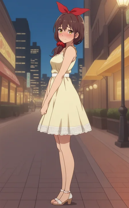 1girl,akibameidpokermob,anime coloring,[yellow eyes:green eyes:0.9],[black hair:brown hair:1],hair ribbon,red ribbon, hair scrunchie,casual,skirt,cute dress,outdoors,city,embarrassed ,,from side ,full body  ,, ,,,best quality,masterpiece,sensitive,<lora:AkibaMaidPokerMobNoobAi075:0.9>