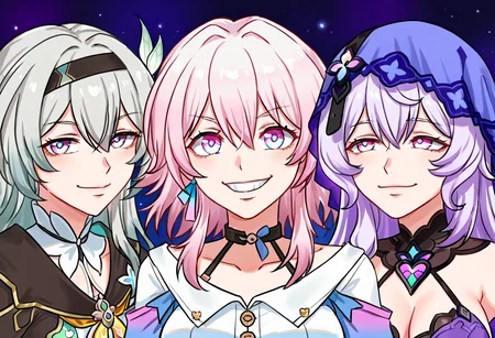 (masterpiece, high quality, amazing detail), highres,  getter team pose meme, smile, looking at viewer, multiple girls, 3girls, firefly \(honkai: star rail\), black swan \(honkai: star rail\), march 7th \(honkai: star rail\), <lora:getter_team_pose:1>