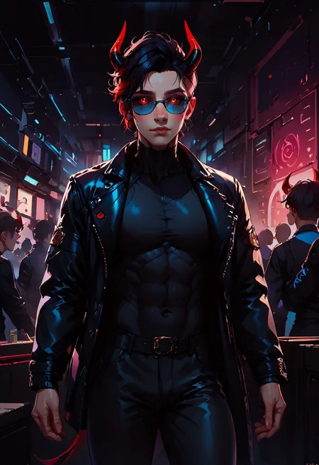 ((score_9, score_8_up, score_7_up,score_9, score_8_up, score_7_up)), (Masculine, Light/tan skin, Toned and 6'5 feet tall:1.4), 24 years old, Handsome face, smileface, perfect face, (((Black hair with neon red highlights))), ((Glowing neon Gold irises)), (Neon Red pupils), (White Sclera), shiny skin, Curley short haircut, ((2 spiral red horns)), (((Demon))), (Large muscle build), gages in ears, Neon tattoos on arms, wild hair, toned hips, ((fit look, large intelligent glasses)), ((Long Blue leather coat, dragon scale coat, black vest, black shirt, black pants)), shiny skin, living room , warm lighting, (no nsfw), lavish bar, stools, cowboy shot, alcohol, crowd, talking with hands