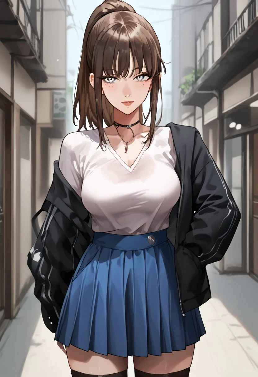 score_9, score_8_up, score_7_up, score_6_up, 1girl, micchan, mature women, older women, medium hair, side-swepped bangs, brown hair, ponytail, grey eyes, medium breasts, pale skin, solo, alone, pullover, skirt, stockings