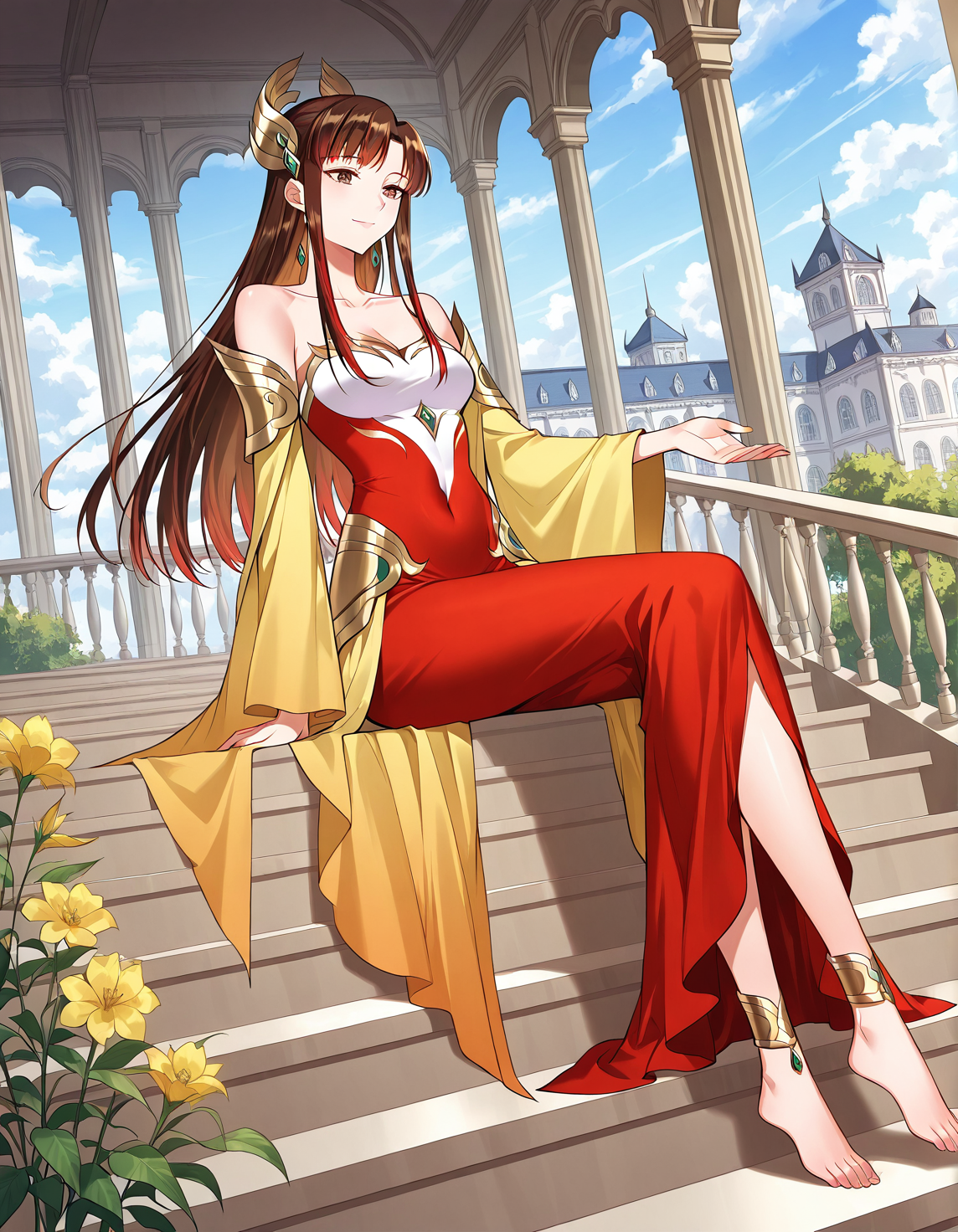 <lora:Phoenix_Lady_Illustrious:1>
1 girl, solo, long hair, multicolored hair, red hair, brown hair, bangs, sidelocks, brown eyes
dress, jewelry, bare shoulders, earring, hair ornament, collarbone, covered navel, strapless dress, barefoot, anklet, bracelete, wide sleeves
score_9, score_8_up, score_7_up, very aesthetic, source_anime, detailed, high quality, beautiful, masterpiece, detailed eyes, mansion, plants, flowers, clouds, light smile, dynamic angle, full body, sitting on stairs