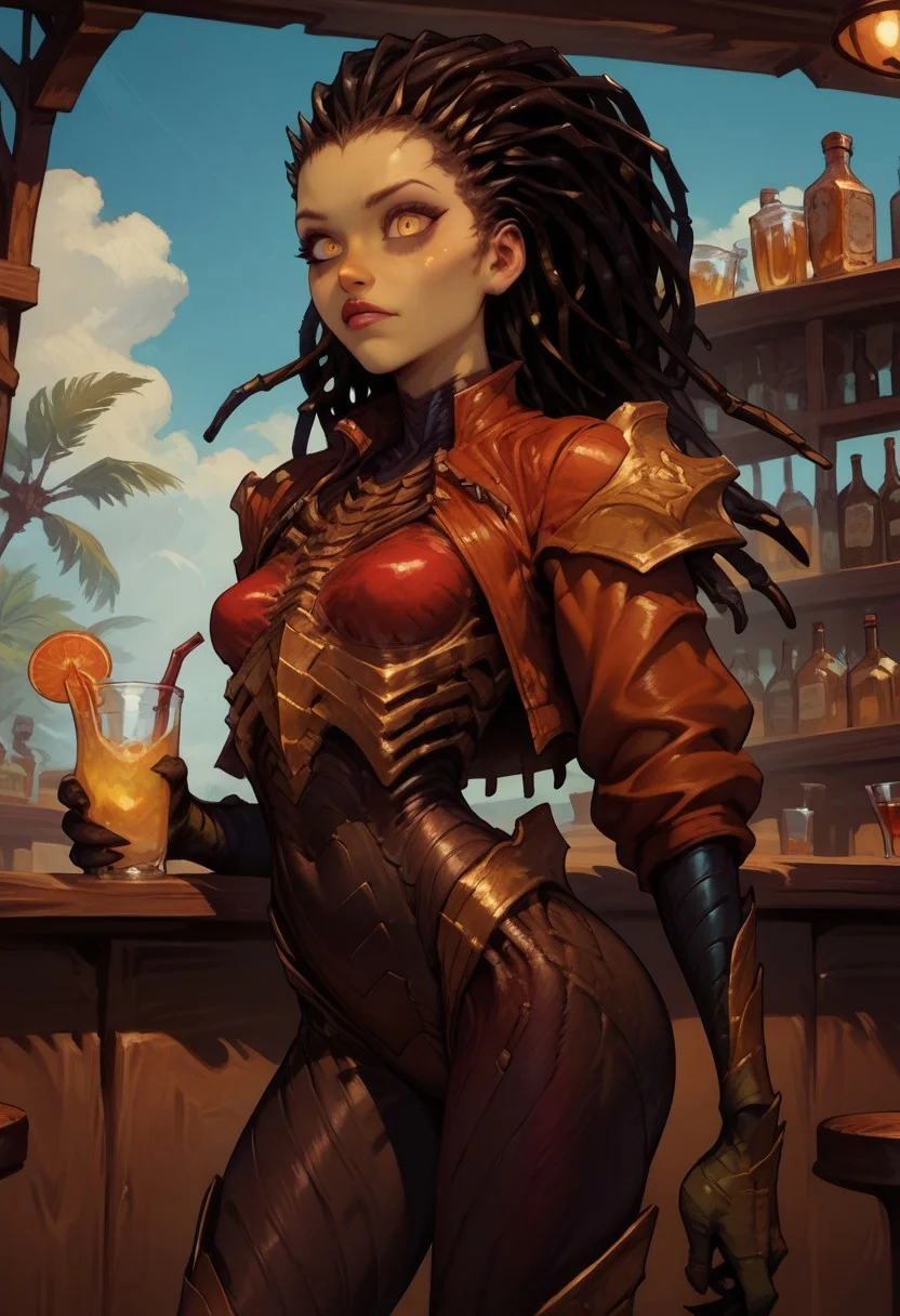 Score_9, score_8_up, score_7_up, score_6_up, kerriganxl, long hair, dreadlocks, black hair, yellow eyes, armor, bodysuit, bar on tropical-island, slim, skinny, cropped jacket, long sleeves, detailed image, outdoors, near bar tab, holding lemonade, curvy body, detailed image, small breasts, svelte body, tall, athletic, cute, bar counter