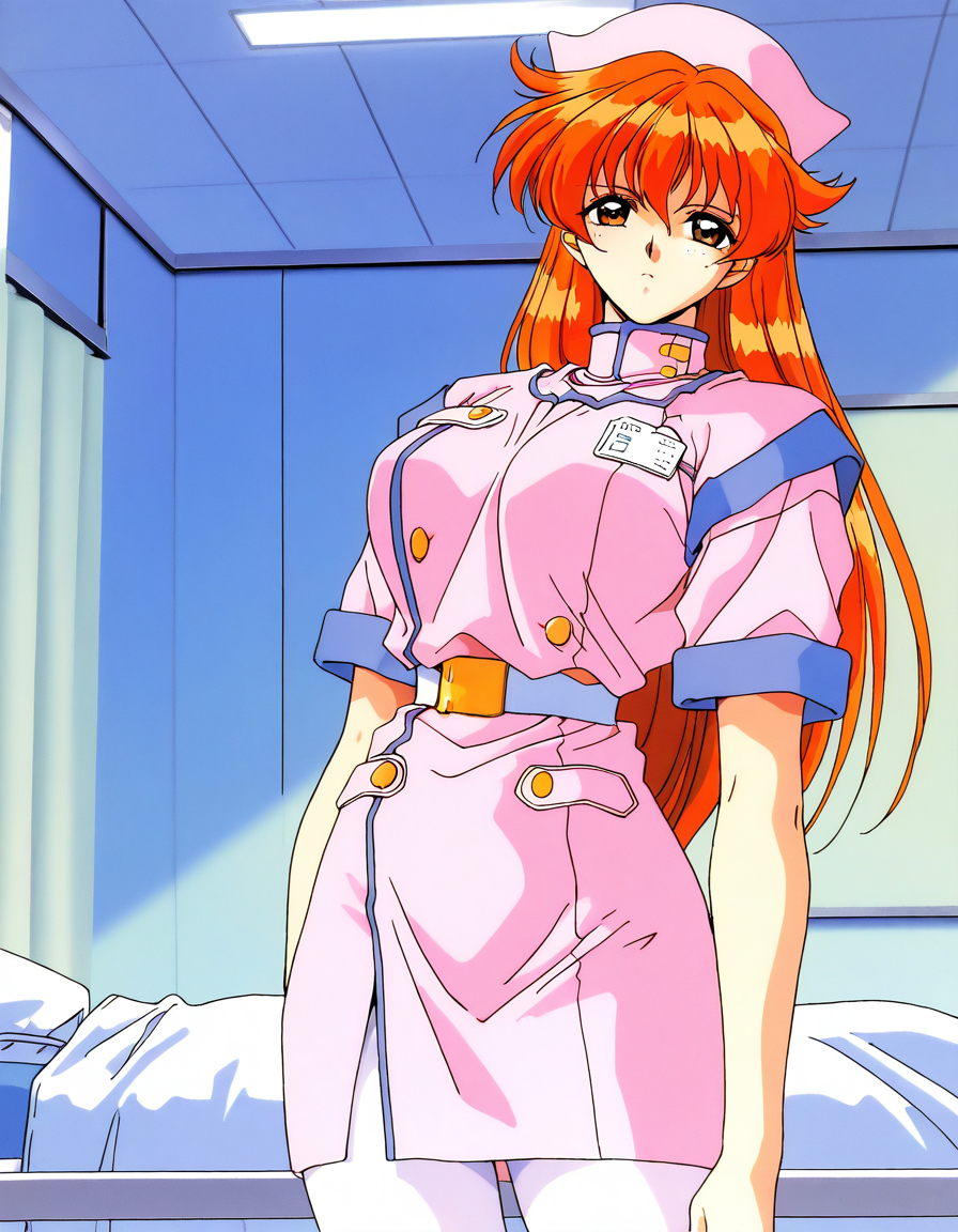 masterpiece, best quality, good quality, <lora:Nogiwa_Miho_OVA_IS:1>
Nogiwa_Miho_OVA, long hair, orange hair, bangs, brown eyes, large breasts, 1990s (style) 1girl, solo, nurse, hat, pantyhose, nurse cap, serious,  cross arm,
hospital room, looking at viewer, white pantyhose, belt, short sleeves,