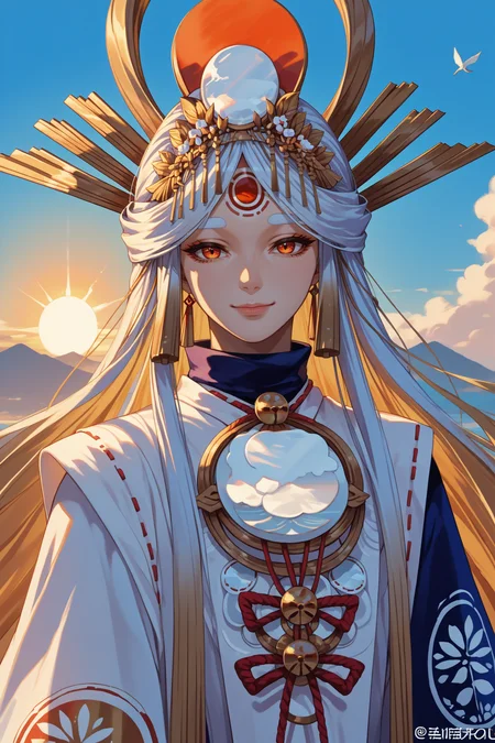 score_9, score_8_up, score_7_up, score_6_up, source_anime, 1girl, solo, <lora:miketsu-pdxl-nvwls-v1-000005:1> divmiketsu, white hair, headdress, hair ornament, japanese clothes, white dress, wide sleeves, looking at you, mature female, blue sky, sun, portrait, smile