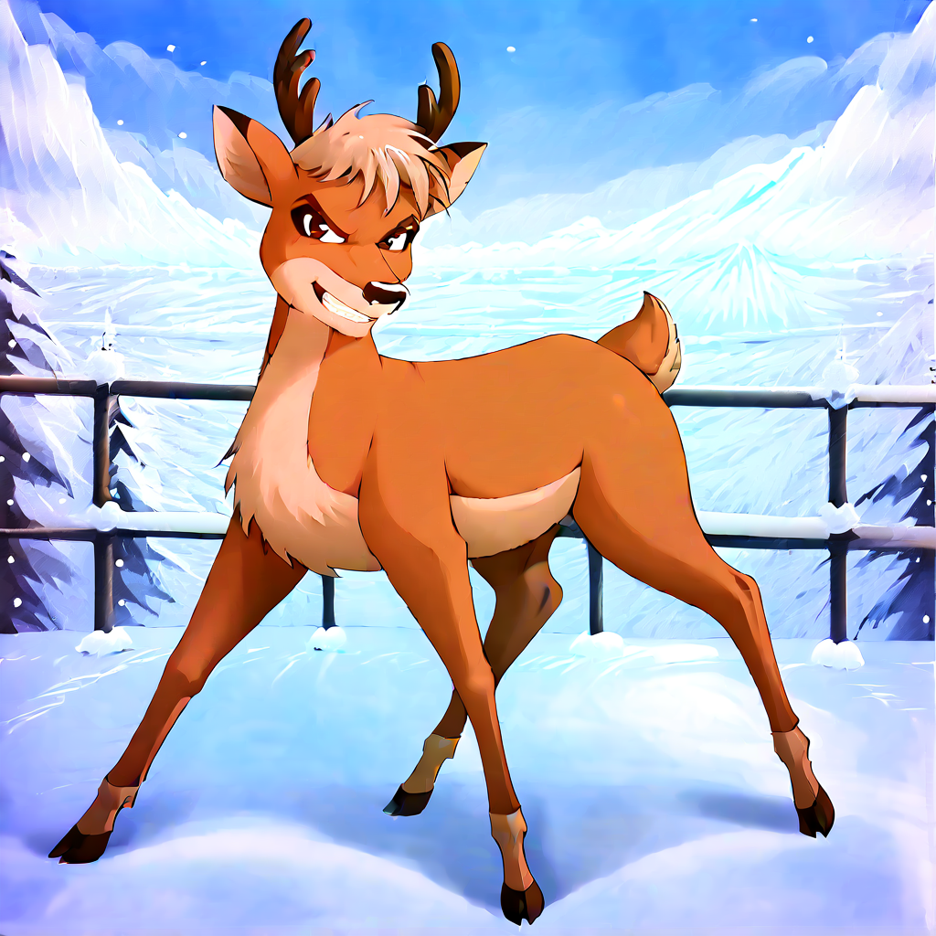 <lora:ArrowRud98:1>, <lora:StS_PonyXL_Detail_Slider_v1.4_iteration_3:3>, reindeer, brown eyes, small antlers dark brown mascara, thin eyebrows, blond hair, feral, male, outdoors, solo, nighttime, clouds, snowy landscape background, mountains in background, north pole background, (full body, smirking,  angry eyebrows, clenched teeth, evil smile, brown iris, black pupils, stars in sky, (8k, sharp details, ultra detailed, score_7, score_8, score_9,)  shaded,  front view, no humans, behind view, body facing left, head turned towards viewer, brown iris, brown eyes, black pupils, all fours, snowflakes,