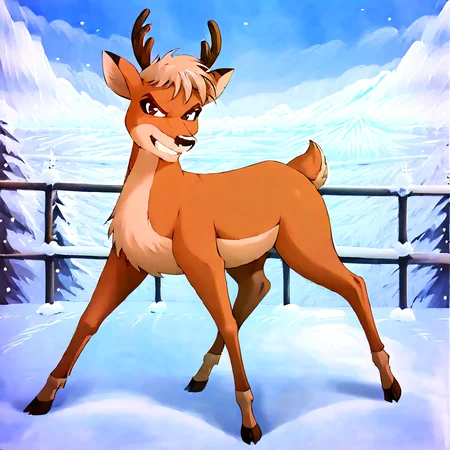 <lora:ArrowRud98:1>, <lora:StS_PonyXL_Detail_Slider_v1.4_iteration_3:3>, reindeer, brown eyes, small antlers dark brown mascara, thin eyebrows, blond hair, feral, male, outdoors, solo, nighttime, clouds, snowy landscape background, mountains in background, north pole background, (full body, smirking, angry eyebrows, clenched teeth, evil smile, brown iris, black pupils, stars in sky, (8k, sharp details, ultra detailed, score_7, score_8, score_9,) shaded, front view, no humans, behind view, body facing left, head turned towards viewer, brown iris, brown eyes, black pupils, all fours, snowflakes,