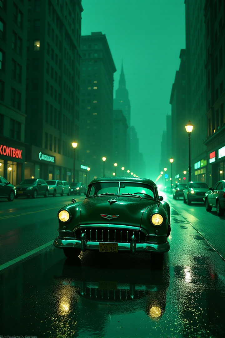 A classic vintage car silhouette set against a Film Noir Cityscape, with dark, moody shadows and a sense of mystery. Incorporate film grain, scratches, and subtle lens flares to evoke a sense of grittiness and tension. Use a color palette of dark Emerald Green and Midnight Blue to create a sense of drama and intrigueâââ