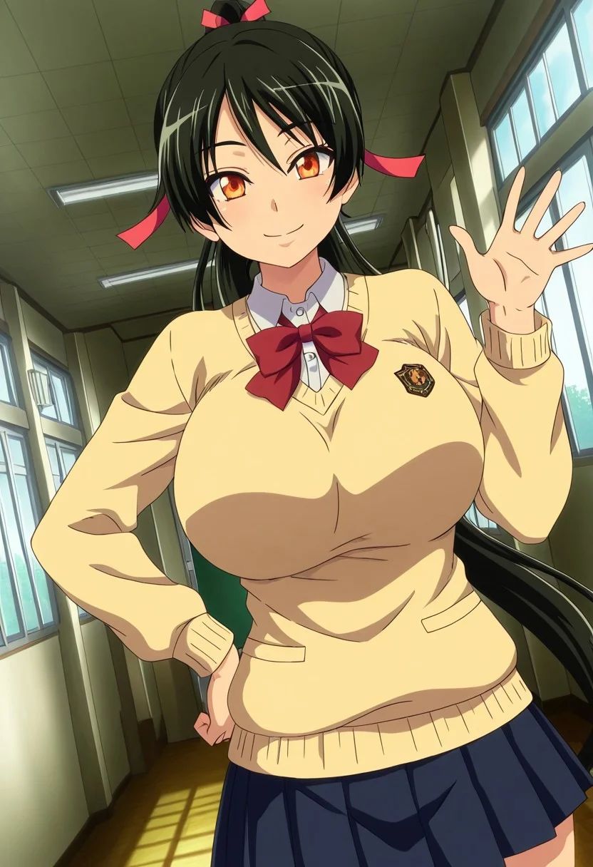 general,highres, ultra-detailed,very aesthetic,best quality ,best hands,best eyes,easynegative,
dynamic anglre, dutch angle, anime cloring,anime screencap,
1girl solo,looking at viewer,school, smile, waving hand, hand on hip, 
Kinome Kiriya, black_hair, orange eyes, huge_breasts, ponytail,school uniform,