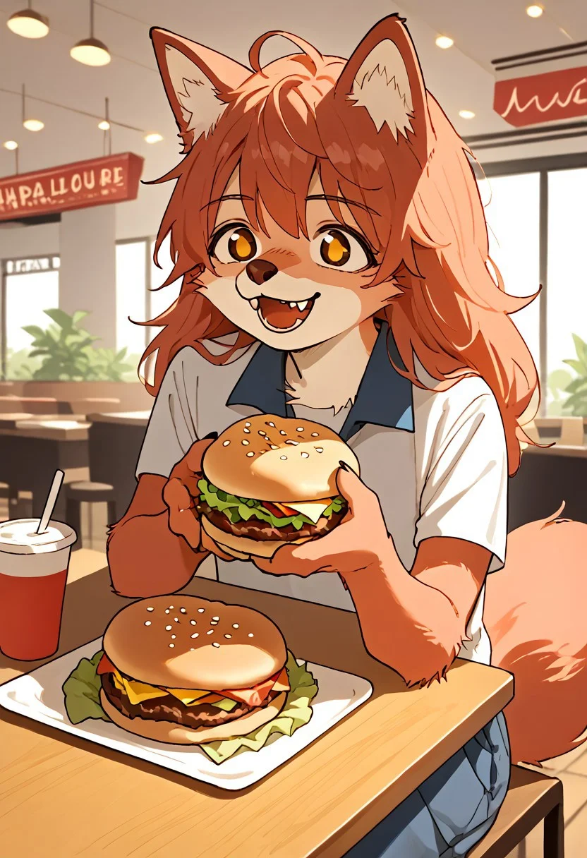 score_9, score_8, score_7, source_anime, rating_safe, solo, furchan, furcasual,
happy, smile, sitting, eating hamburger,
restaurant, food on table,
