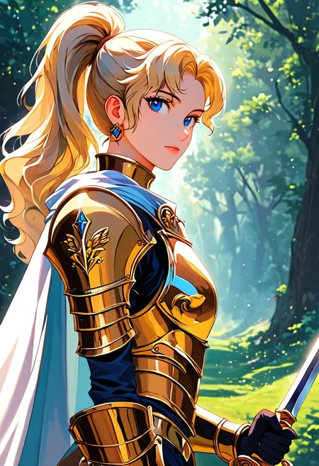 1girl, weapon, armor, sword, blue eyes, holding weapon, solo, blonde hair, holding sword, looking at viewer, cape, holding, forest, long hair, white cape, nature, shoulder armor, ponytail, gold armor, gloves, breastplate, outdoors, nose, pauldrons, tree, from side, blurry background, closed mouth, blurry, knight, bush, plate armor, wavy hair, vambraces, black gloves, gauntlets, upper body, standing, faulds, two-handed, earring, reflection,
rimixa,, <lora:Ri-MIX_A_Illustriousv-000010:1>, masterwork, masterpiece, best quality, dynamic lighting , dynamic pose,, dynamic angle, lips, nose