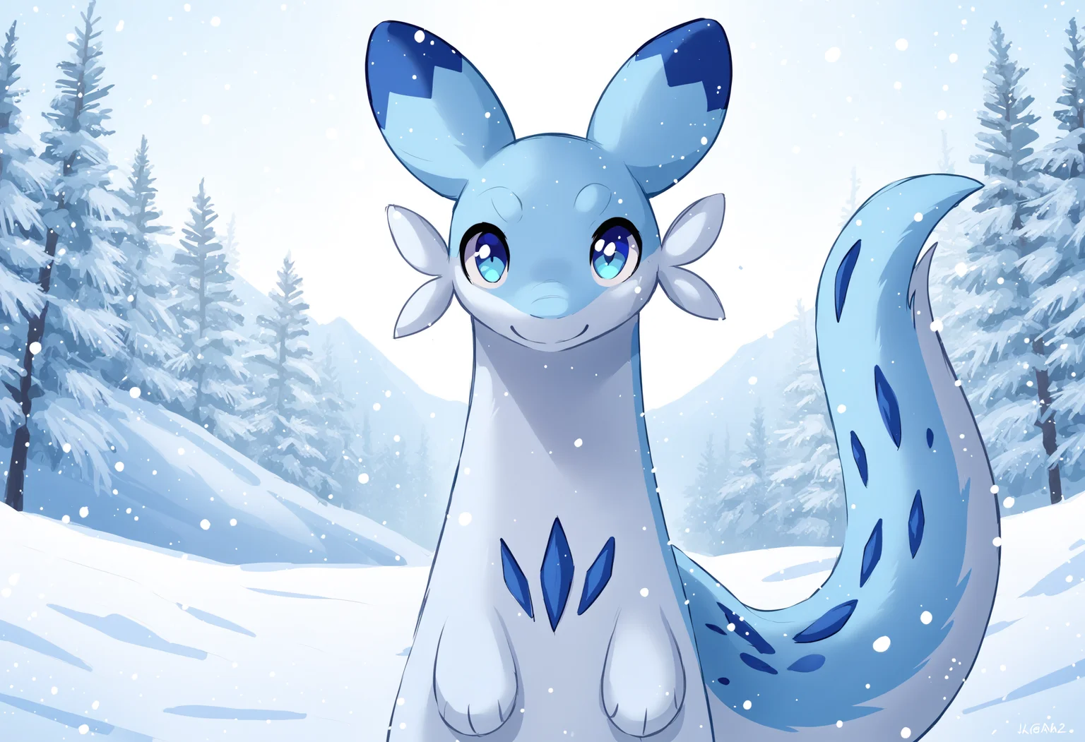 score_9, score_8_up, score_7_up, source_anime BREAK
winter background, snow, ice
Chillet_Palworld, feral, light blue fur, blue eyes, white underbelly, blue back spikes, blue chest markings, blue spots, blue-tipped ears, whiskers, long animal ears, long tail,
standing, looking at viewer, smile, (facing viewer:1.3), head tilt
detailed background, beautiful scenery
<lora:add-detail-xl:1>
<lora:Chillet_Palworld:1>