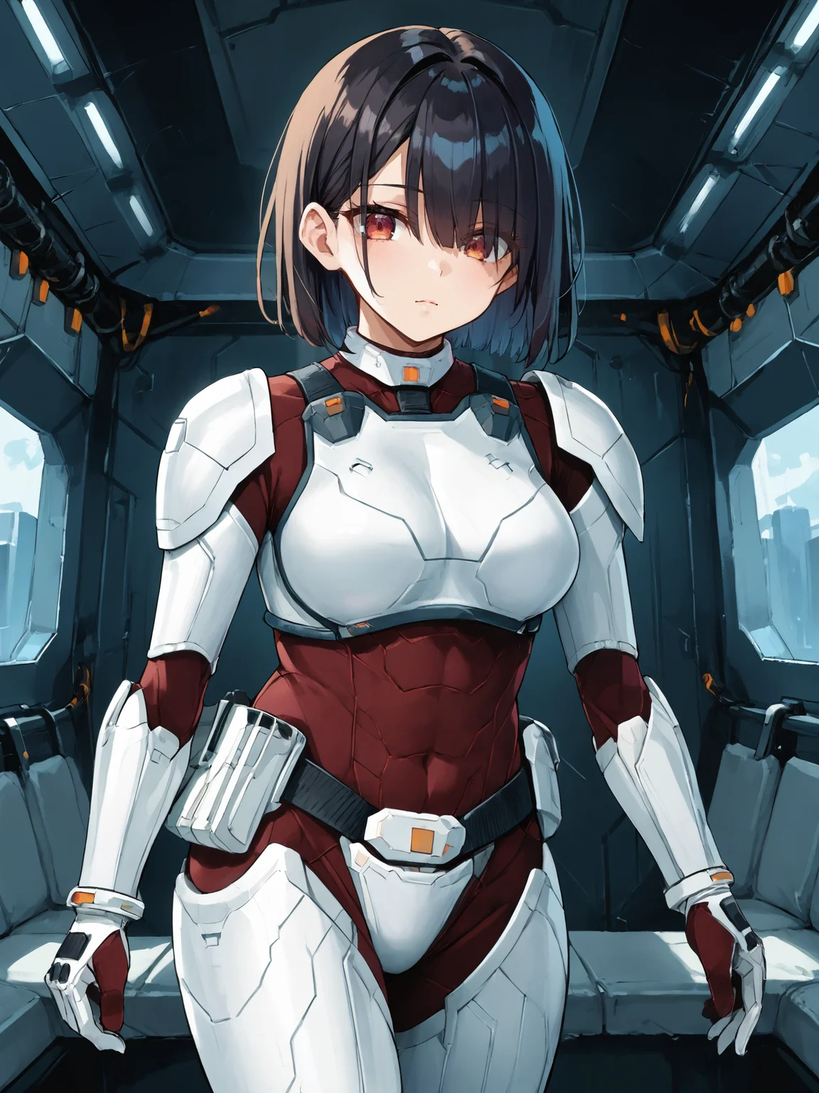 score_9, score_8_up, score_7_up, <lora:offset_0.2:0.1>, <lora:spo_sdxl_10ep_4k-data_lora_webui:1>, BREAK,
1girl, solo, source_anime, BREAK,
terraformarsmoviebodysuit, armored bodysuit, black bodysuit, white armor, boobplate, shoulder pads, wrist guards, black gloves, white gloves, utility belt, belt pouch, hip armor, crotch plate, thigh armor, <lora:Terraformars:1>, BREAK,
black hair, medium hair, hair over eyes, eyes visible through hair, red eyes, large breasts, looking at viewer, BREAK,
indoors, spaceship