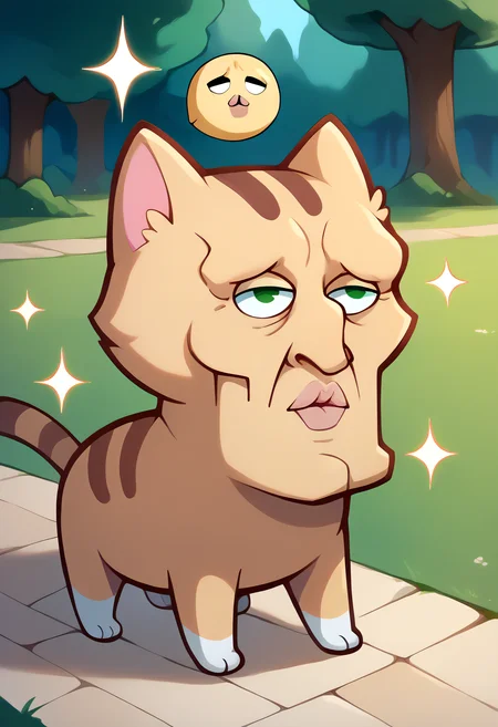 score_9, score_8_up, score_7_up, BREAK <lora:handsomize_x_pdxl_v1:1.2> handsomize, sparkle, outdoors,  <lora:discord_nekonekonekone_ponyXL:0.8> animal focus, no humans, nekoemoji, cat