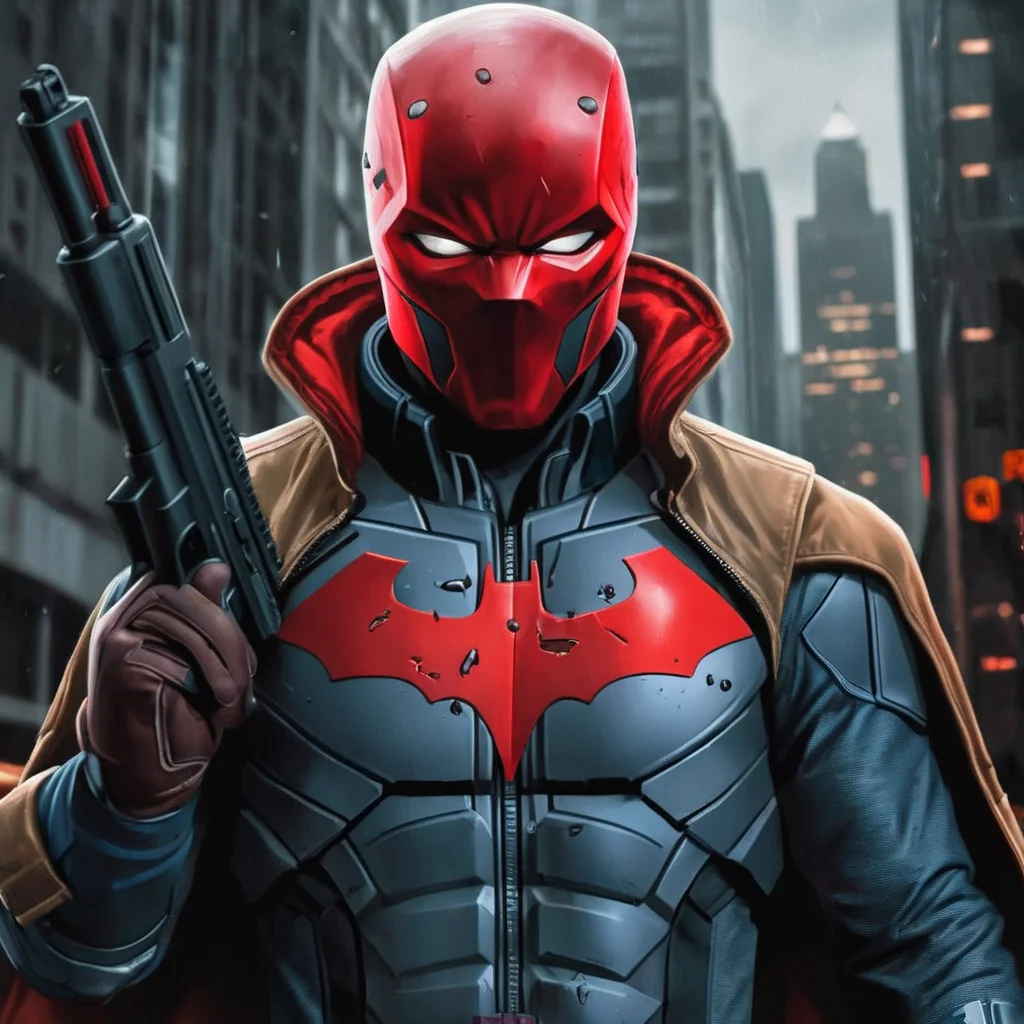 Hyperrealistic art of <lora:Red Hood:1.2>
Red Hood a man in a red helmet holding two guns in Gotham city universe, Extremely high-resolution details, photographic, realism pushed to extreme, fine texture, incredibly lifelike