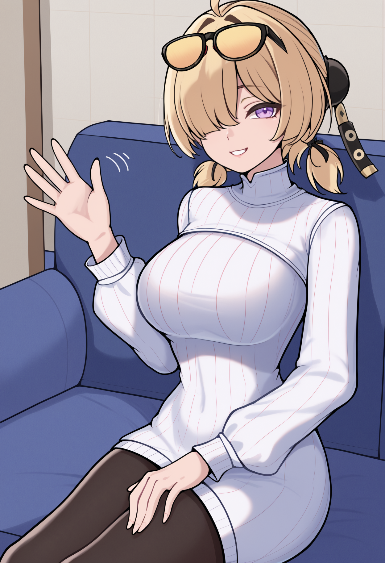 newest, solo, 1girl, smile, looking at viewer, sitting, on couch, hand on own thigh, hand up, waving, short hair, blonde hair, ahoge, hair over one eye, hair bun, bun cover, low twintails, short twintails, sunglasses, eyewear on head, purple eyes, white sweater, sweater dress, ribbed sweater, turtleneck sweater, long sleeves, black pantyhose, large breasts, indoors, living room
<segment:yolo-Anzhc Face seg 640 v3 y11n.pt,0.5,1//cid=11>