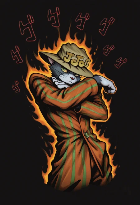 masterpiece, best quality, Graphic Design, color art, vibrant colors, colorful, intricate details, high contrast, detailed background, beautiful detailed, beautiful face, detailed eyes, detailed face, new, newest, z00tt0m, 1boy, solo, male focus, furry, cat, yellow sclera, green eyes, grey fur, whiskers, hat, formal, suit, striped jacket, striped pants, simple background, black background, cowboy shot, dutch angle, dynamic pose, (jojo pose, orange aura, menacing:1.3), perspective, dutch angle, looking at viewer,