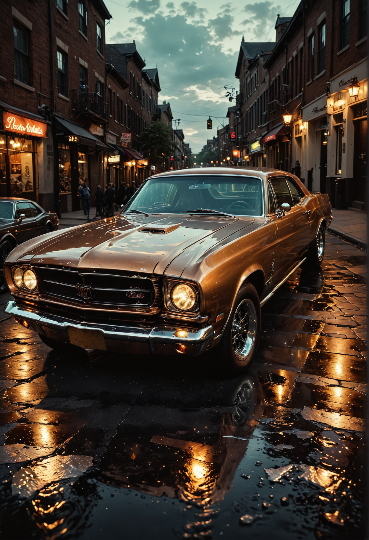 A nostalgically crafted relic of the past, a meticulously restored deep bronze pearlescent classic 60's muscle car cruises through the dusk streets with an intimidating elegance. The vintage vehicle gleams with a lustrous sheen, showcasing its aerodynamic lines and sharp accents as it cruises along the asphalt. This evocative scene is captured in a vividly detailed oil painting, where every brushstroke highlights the car's classic styling and pristine condition. Impeccably rendered, this image transports viewers to a bygone era of automotive luxury and style.
OverallDetailXL <lora:SDXLFaeTastic2400:0.4> <lora:DetailMaximizer:0.55> detailmaximizer  <lora:SecretLab:0.8> secretlab