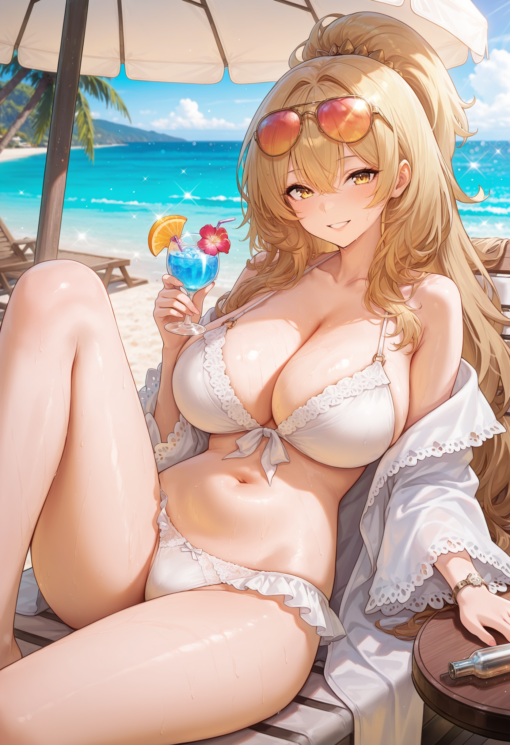 masterpiece, best quality, amazing quality,lionAZ, yellow eyes, blonde hair, long hair, high ponytail, 1girl, breasts, solo, large breasts,swimsuit_outfit,eyewear on head, sunglasses, cleavage, navel, white bikini,white robe, frills panties, white panties, smile, sitting, knee up, on back, lounge chair,holding cup, cocktail, beach, horizon, palm tree, towel,parasol, photo background, blurry background  <lora:lionV1:0.8>