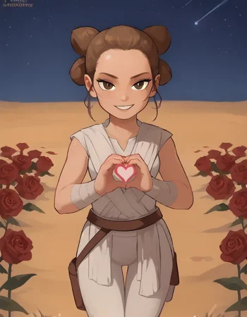 score_9_up, score_9, score_8_up, score_7_up, rating_explicit, bokeh, flat colors, lineless, vector art, vector graphics, z0nkp4nch, cute, 1girl, alone, solo, portrait, narrowed eye, big smile, pov, handing out heart, holding heart, flower field, roses, starry night, Rey, Star Wars, Light brown hair, Wavy hairstyle, Fair skin, Hazel eyes, Triple bun hairstyle, Toned physique, Simple, practical clothing, Wears wrist wraps, Scavenger attire, Desert-weathered look, sleeveless, jedi, white cloth, white pants, bandages,