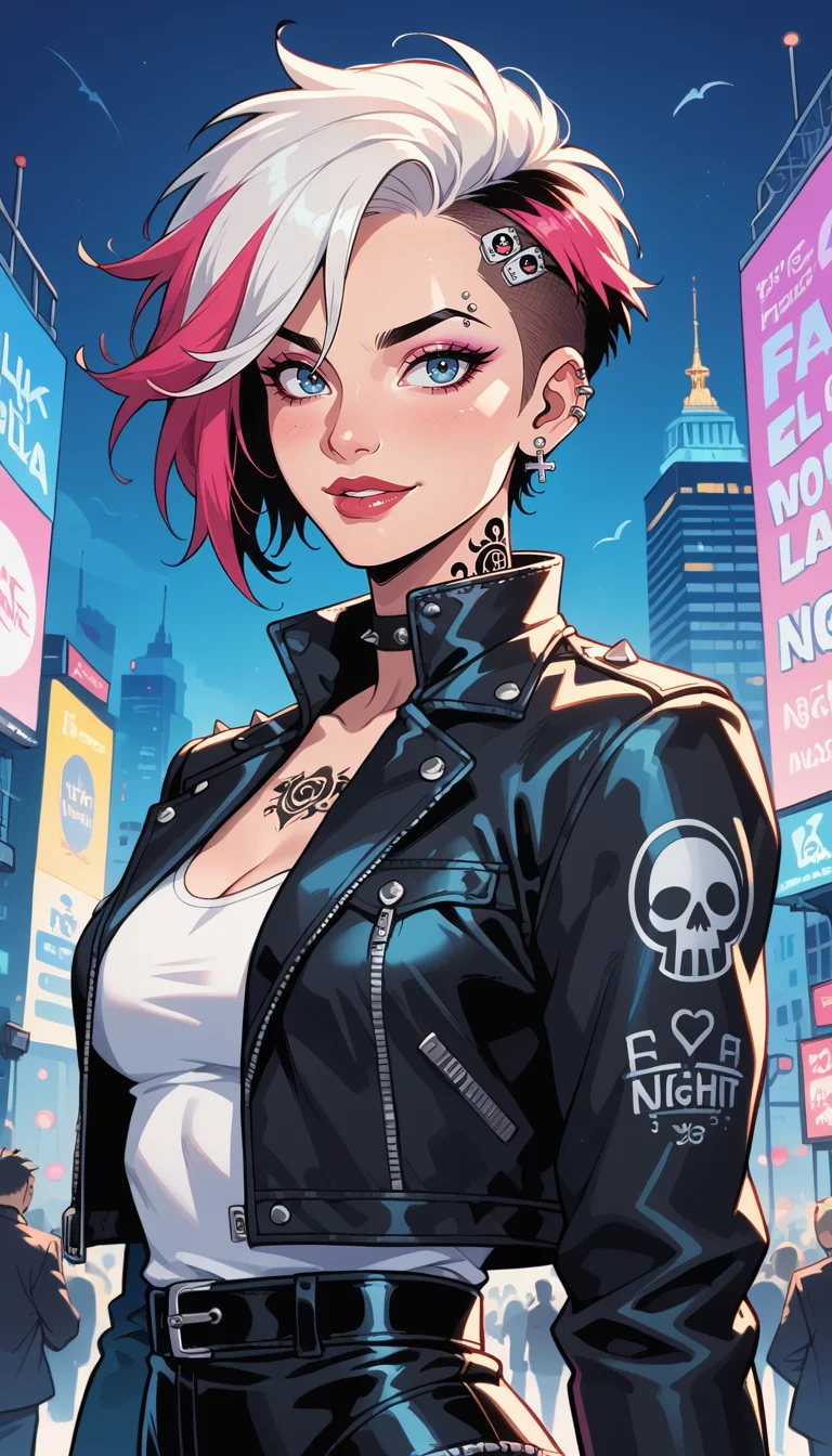 score_9, score_8_up, score_7_up, Western Comics, Portrait, girl, punk, cute, seductive, innocent, light smile:0.3, plump lips, slender body, very short hair, multicolored hair, in high detailed textured black leather jacket, piercing, small tattoo, most iconic photo, London night background, depth of field, dynamic angle, fashion photography, sharp, hyperdetailed:1.15