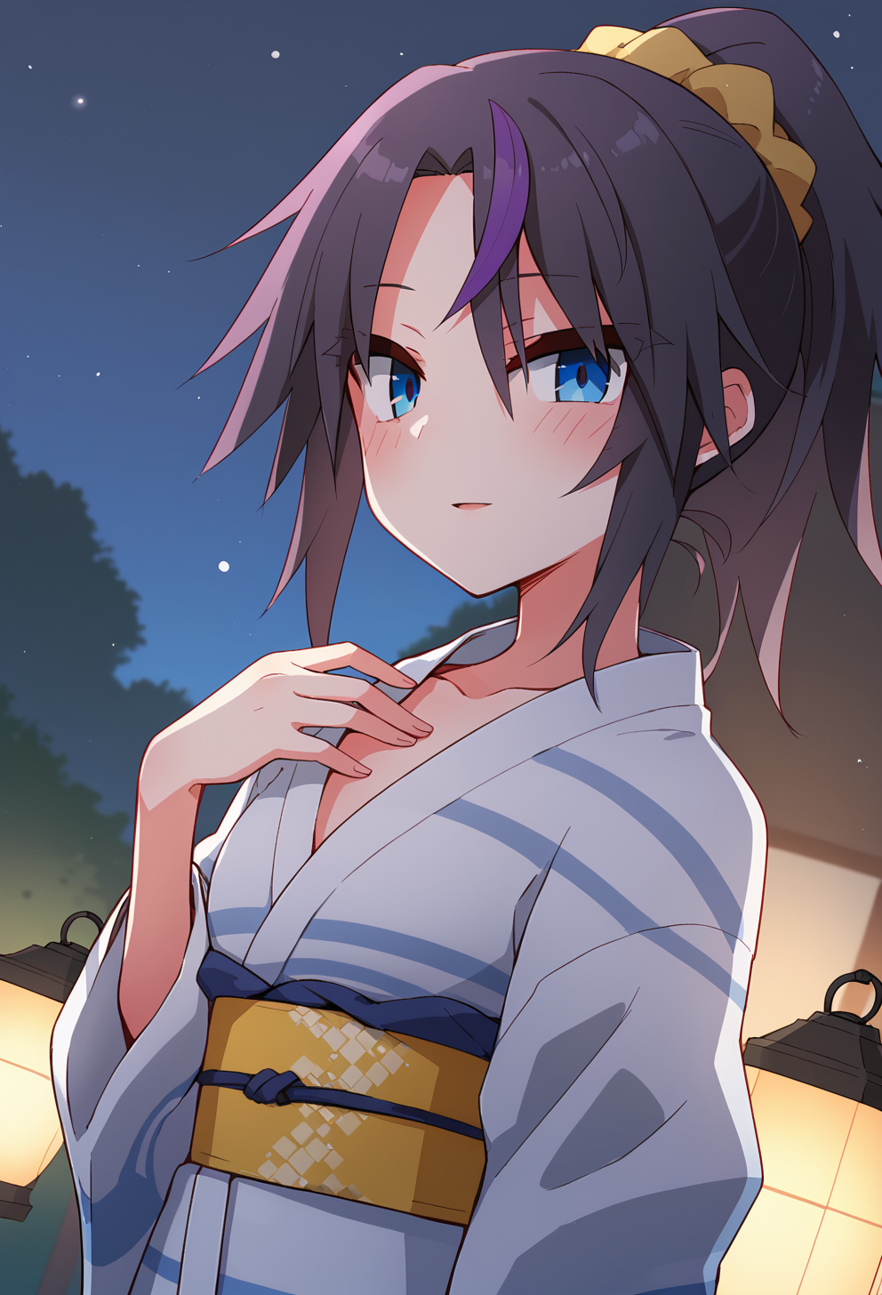 score_9, score_8_up, score_7_up BREAK
source_anime, rating_safe, dutch angle, outdoors, lantern, night, hand on own chest, looking at viewer, looking to the side, light smile, blush, parted lips, solo, 1girl, eletrasan, purple hair, streaked hair, multicolored hair, black hair, parted bangs, forehead, sidelocks, short ponytail, hair scrunchie, blue eyes, tsurime, thick eyelashes, japanese clothes, blue yukata, yellow obi <lora:elena_trafalgarPXL3_epoch_4:1>