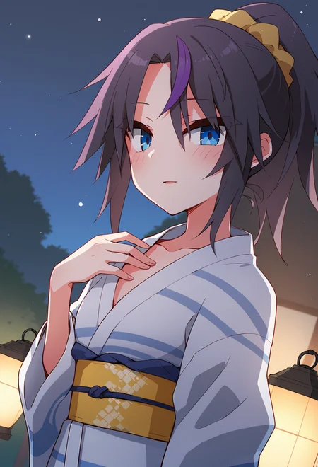 score_9, score_8_up, score_7_up BREAK
source_anime, rating_safe, dutch angle, outdoors, lantern, night, hand on own chest, looking at viewer, looking to the side, light smile, blush, parted lips, solo, 1girl, eletrasan, purple hair, streaked hair, multicolored hair, black hair, parted bangs, forehead, sidelocks, short ponytail, hair scrunchie, blue eyes, tsurime, thick eyelashes, japanese clothes, blue yukata, yellow obi <lora:elena_trafalgarPXL3_epoch_4:1>
