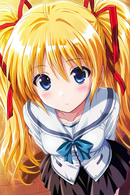 <lora:komatsu eiji IL:0.7>,hagano ichigo,blue eyes,blonde hair,twintails,long hair,ribbon,hair ribbon,medium breasts,dress,skirt,from_above,, 1girl,masterpiece,best quality,amazing quality,very aesthetic,absurdres,newest,8K,prefect face, uncensored,