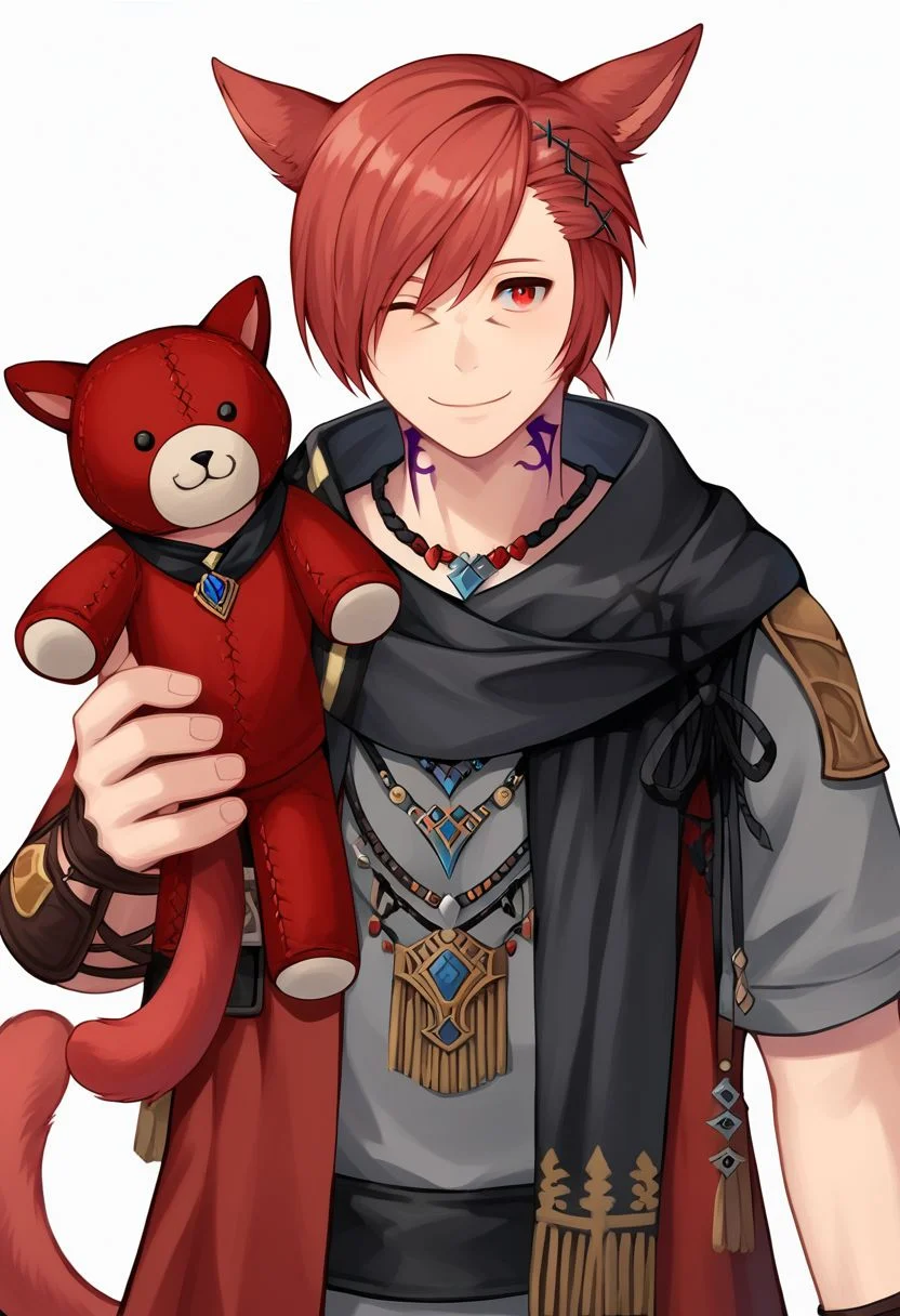 grahatiaffxivdsk, red hair, red eyes, x hair ornament, male focus, 1boy, animal ears, cat ears, solo, one eye closed, white background, neck tattoo, cat tail, jewelry, hair ornament, tattoo, grey shirt, tail, black scarf, scarf, miqo'te, swept bangs, smile, red jacket, facial mark, cat boy, short hair, necklace, looking at viewer, shirt, holding, stuffed toy, toy bear, holding a bear, simple background PonyXLV6_Scores