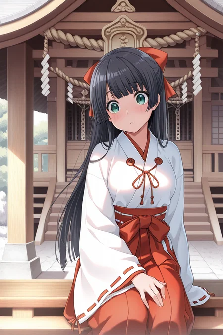 masterpiece, best quality, amazing quality,
<lora:Rei_IL:1> rei, 1girl, long hair, black hair, green eyes, bow, ribbon, miko, shrine,