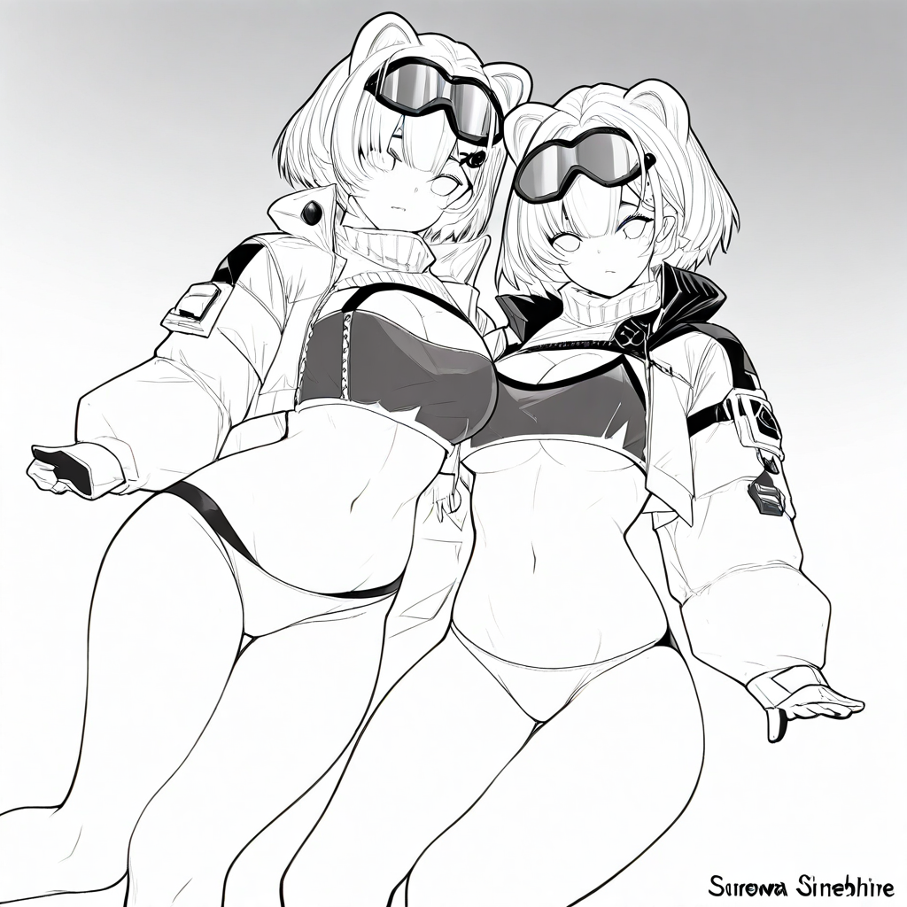 greyscale, bikini bottom only, snowshine, goggles on head, breasts, short hair, crop top, bare legs, navel, goggles, jacket