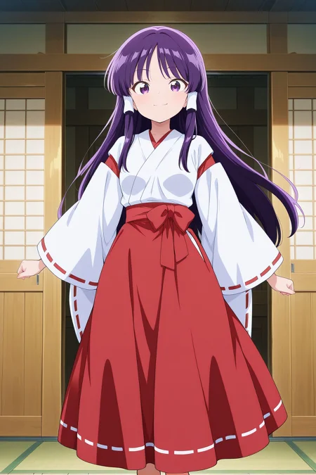 absurdres, highres, masterpiece, best quality, amazing quality, official anime artwork, screencap, anime screencap, indoors, smile, looking at viewer, dynamic pose, standing,
<lora:Reimu-Hakurei-PC98_Illustrious:1>  Reimu98, 1girl, solo, purple eyes, purple hair hair, long hair, sidelocks, small breasts,, white shirt, attached ribbon-trimmed sleeves, red skirt, long skirt, no hair bow,