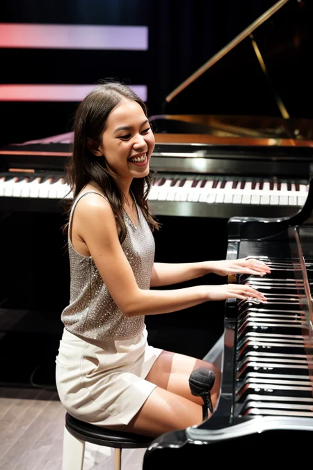one piano player on stage, full of emotion, smiling