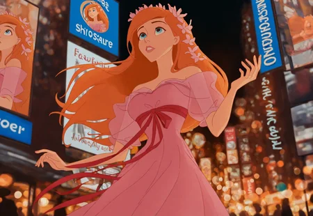 giselle2d in Times Square spinning around confused and looking up at billboards and giant advertisement screens and shops and lights, 1girl, long orange hair, flowers in hair, blue eyes, off-shoulder pink dress, see-through puffy sleeves, red ribbon around dress, low angle, cinematic, depth of field, bokeh, detailed shading, animated