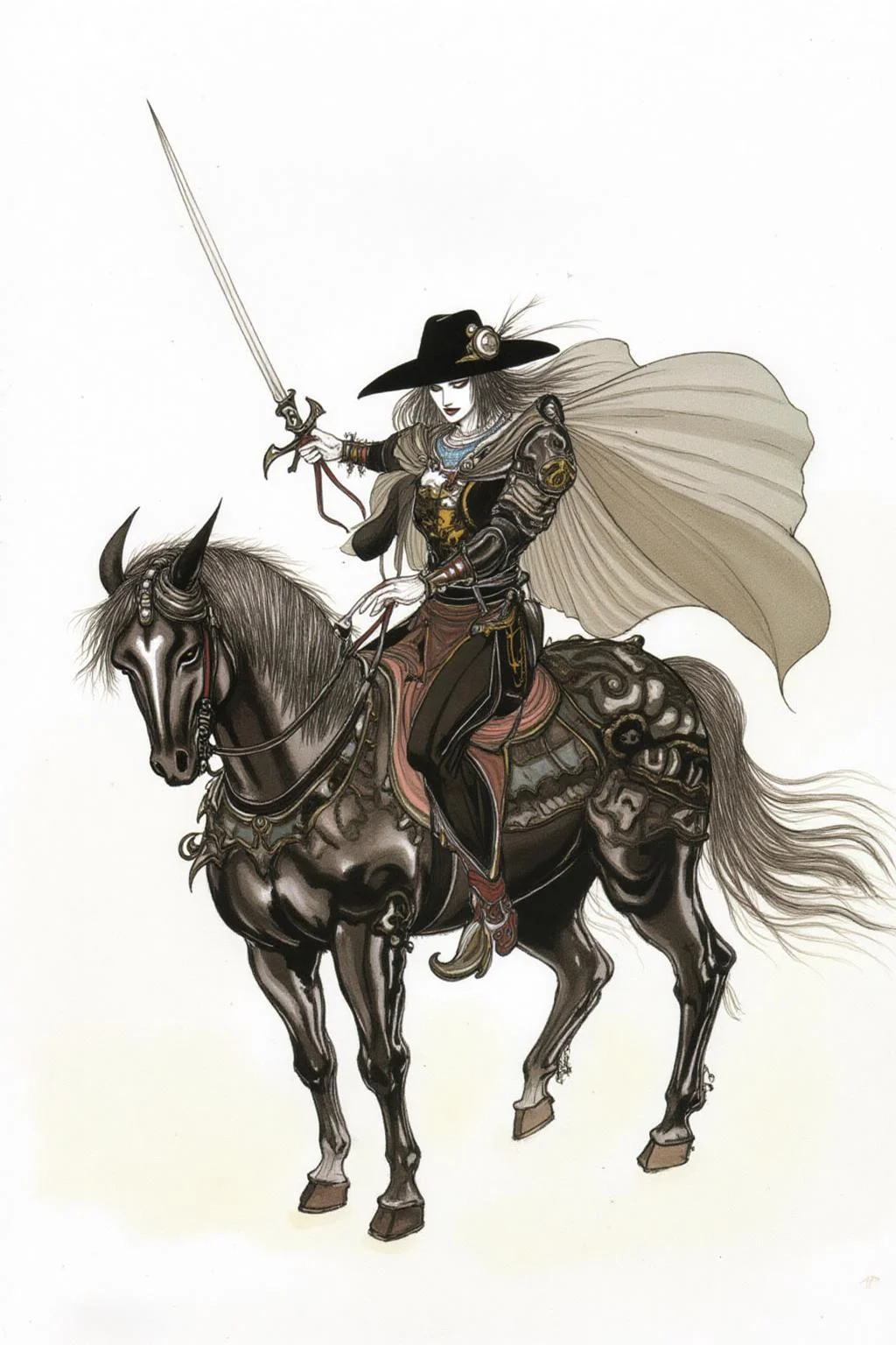amayo illustration.
A lone male rider, a warrior-like figure with pale, gaunt features, dressed in dark, ornate armor. They wear a wide-brimmed black hat and a flowing, dark cloak that billows behind them, adding to the sense of motion and speed. <lora:amayo1_cap_d6a3e11:1.0><lora:827329985619451581:0>