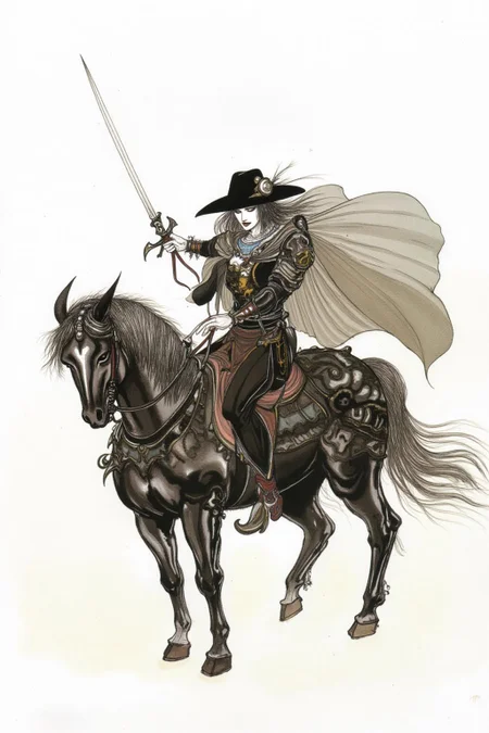 amayo illustration.
A lone male rider, a warrior-like figure with pale, gaunt features, dressed in dark, ornate armor. They wear a wide-brimmed black hat and a flowing, dark cloak that billows behind them, adding to the sense of motion and speed. <lora:amayo1_cap_d6a3e11:1.0><lora:827329985619451581:0>