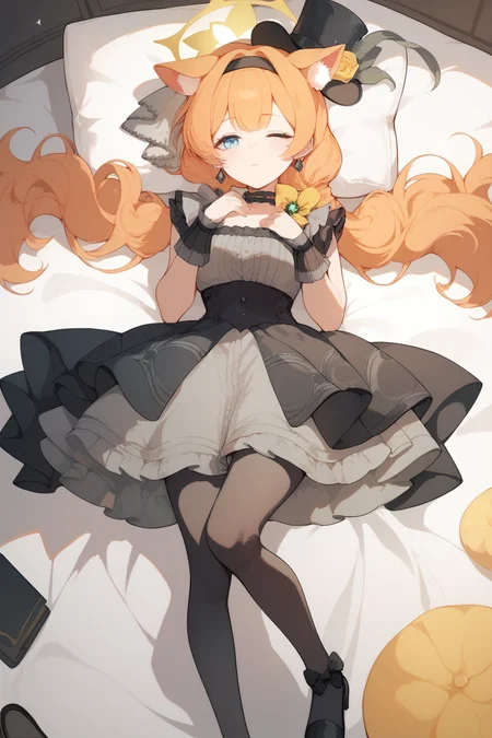 (score_9,score_8_up,score_7_up,),<lora:mari_(idol)-000024>,mari_(idol),orange hair,halo,animal ears,blue eyes,twintails,mini hat,low ponytail,yellow bow,frills,long hair,black pantyhose,black dress,black footwear,sleep molestation,