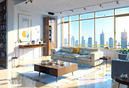 ((front view)), (Close-Up View), (Rule of Thirds), (Golden Ratio), ((animation style)), modern-style interior, white walls, ((large windows)), wooden floor, a  study, Sofa, coffee table, bookcase, single wall, 
warm light morning sun, (((City high-rise building scenery))), (((clear sky)))
