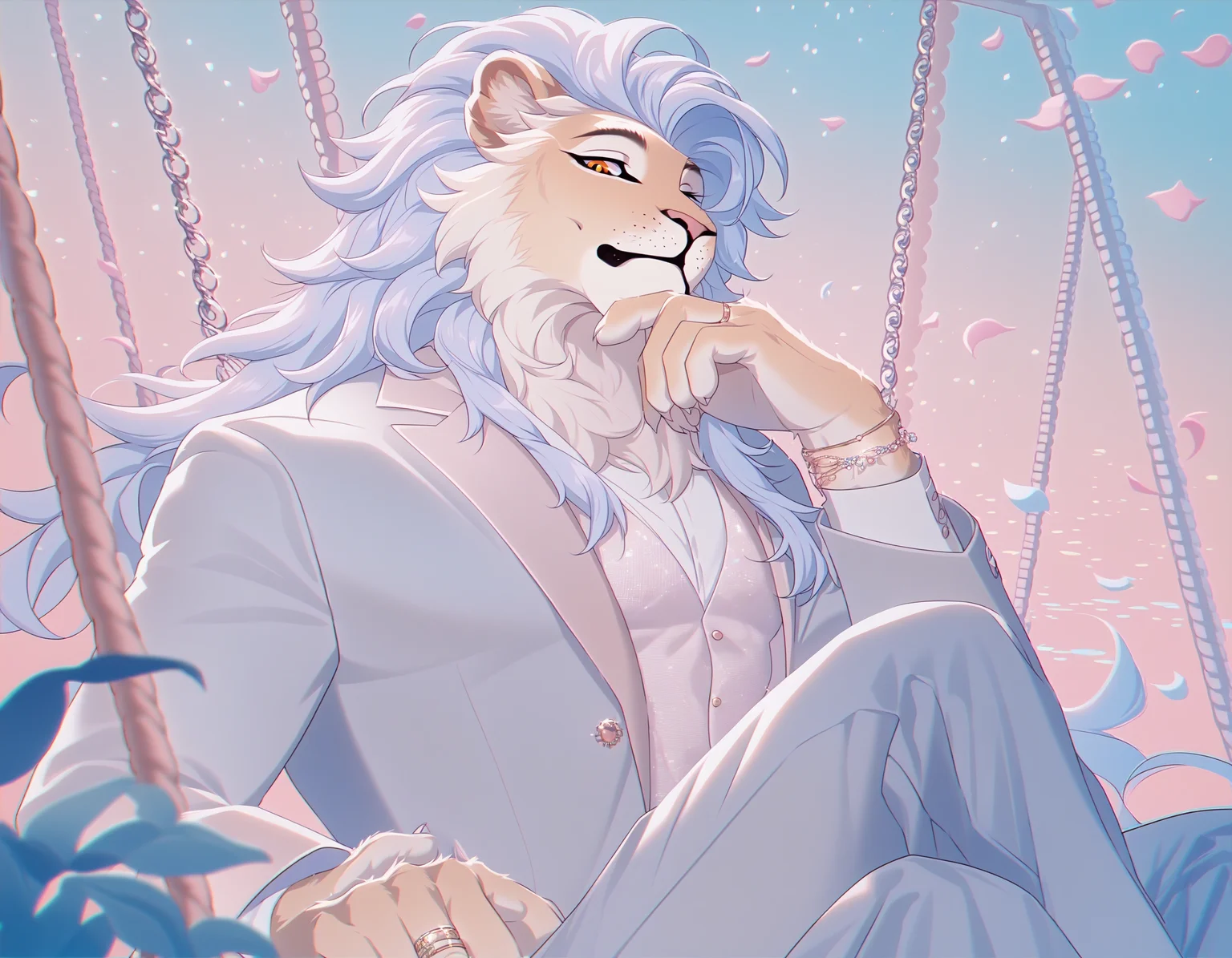 best quality, amazing quality, best aesthetic, amazing aesthetic, 2023, <lora:PastelStylePonyXL:1.2>, pastel style, pastel colors, 1boy, furry male, lion anthro, long eyelashes, detailed background, detailed background, orange eyes, hand towards viewer, intricate clothing, suit, muscular, 5 fingers, ring, bracelet, hair accessory, sitting, hair, long hair, sidelocks, light blue hair, swing set